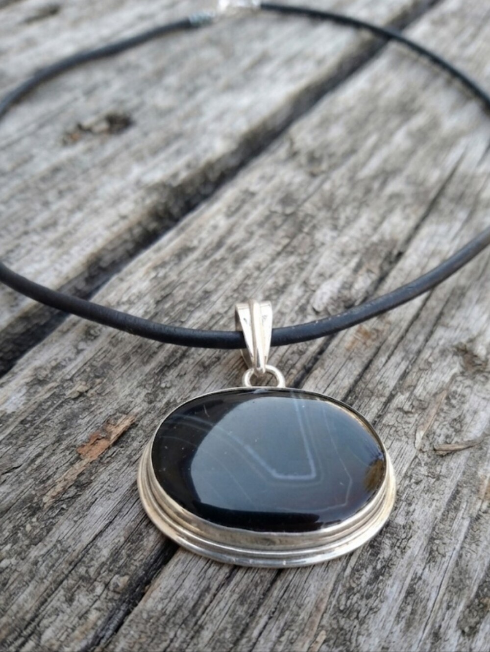 Sterling Silver Onyx leather cord NECKLACE